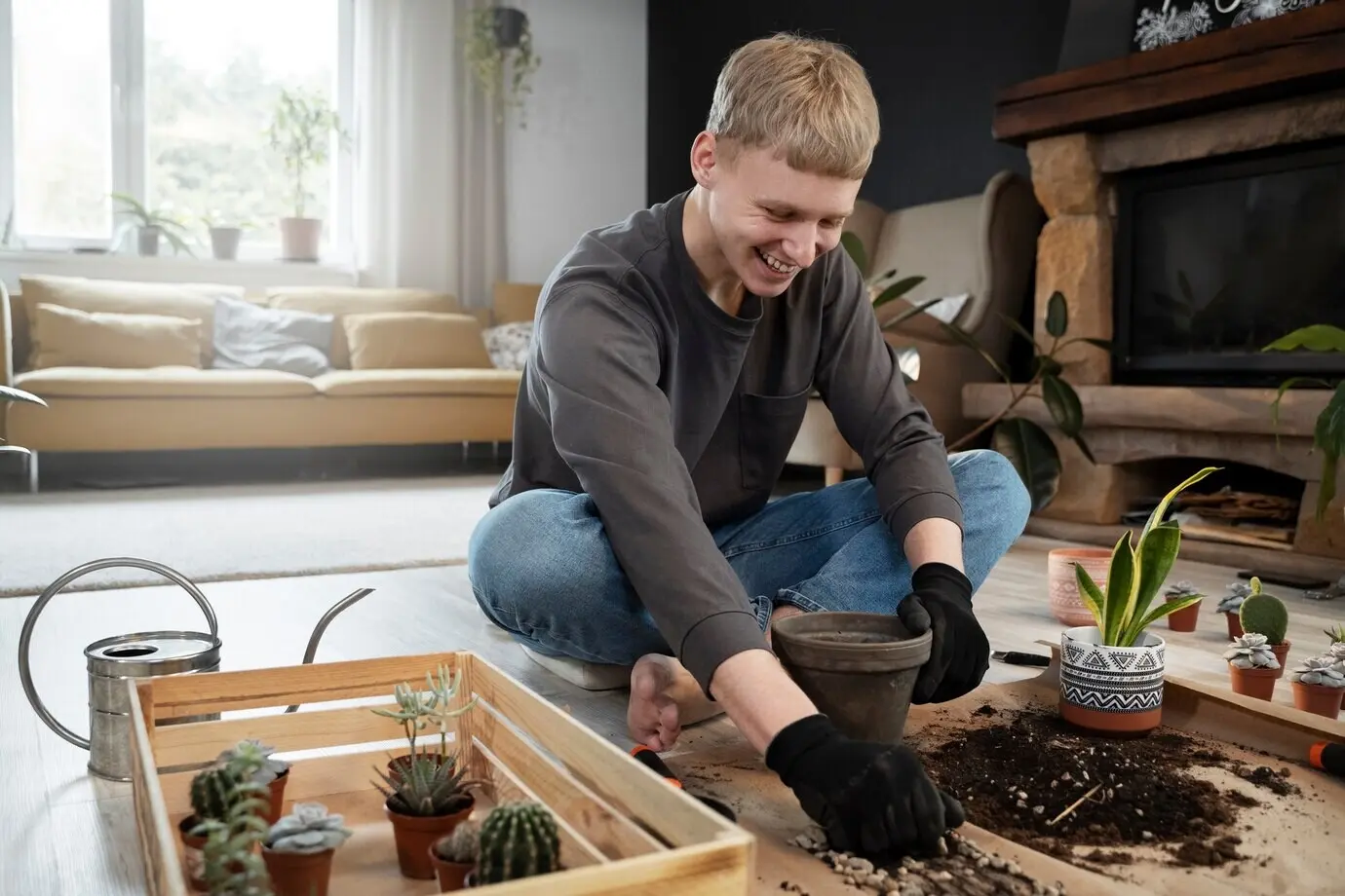 Full-body shot of a smiling man gardening