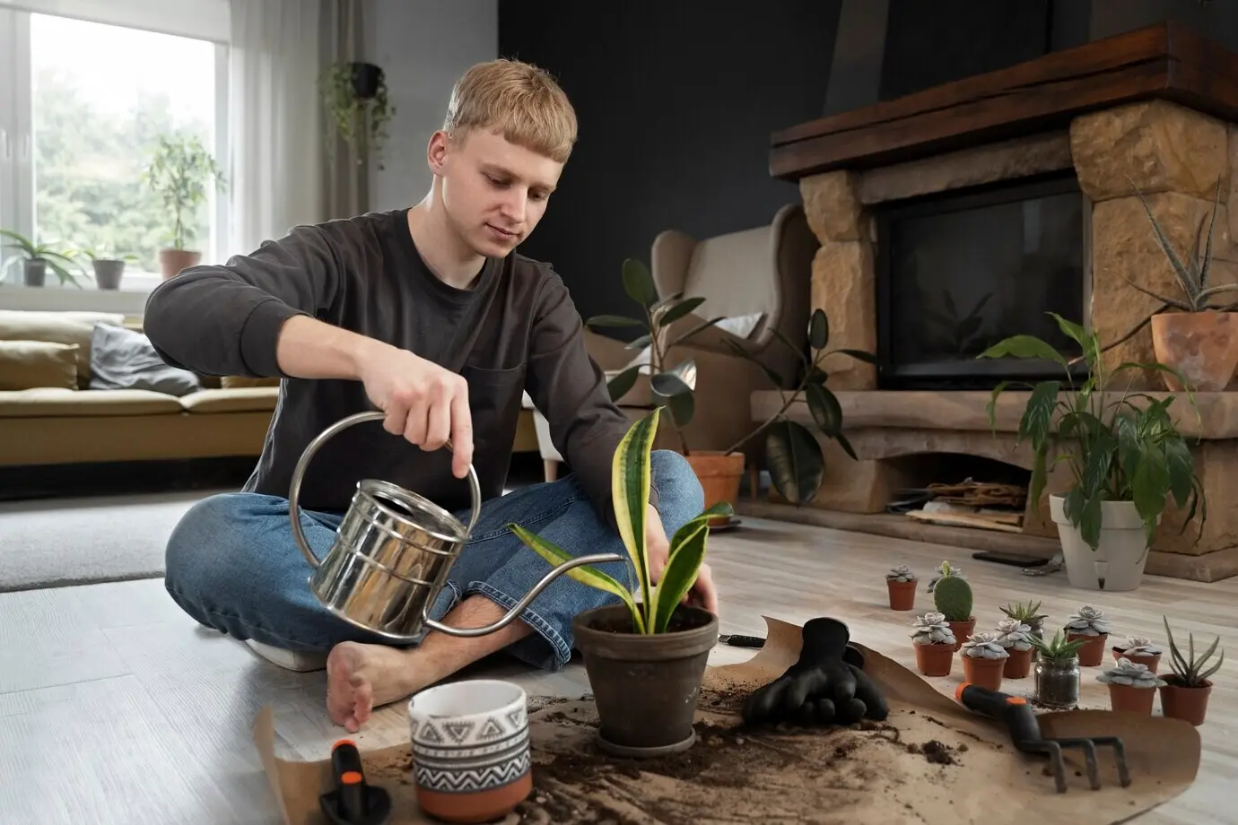 Full-length shot of a man watering a plant at home.